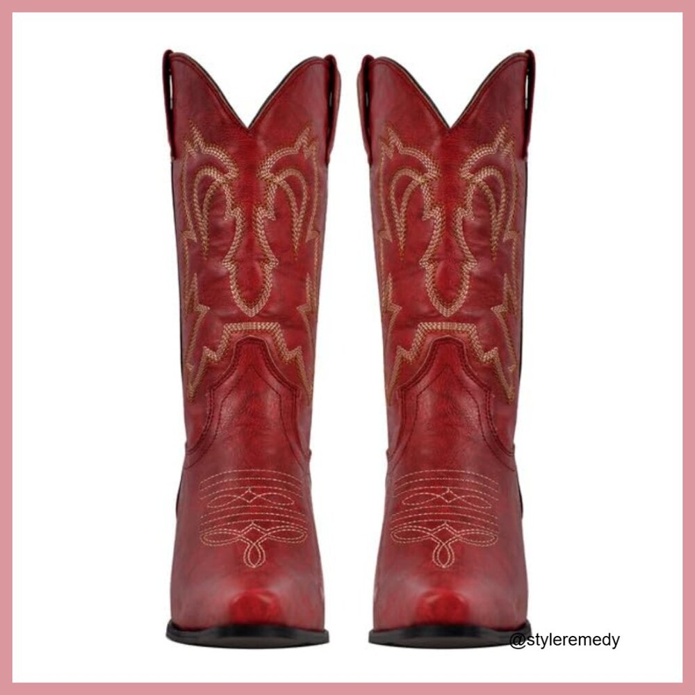 Faux Leather Western Boots with Embroidered Design, Pointed Toe - Picture 5 of 7